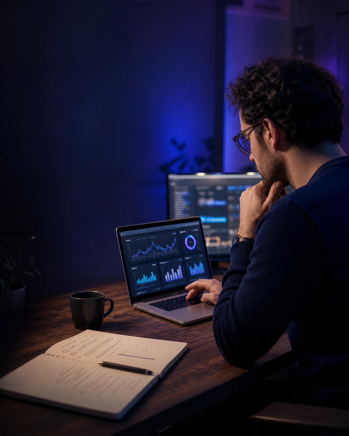 Profissional acompanhando a evolução de um produto digital em telas de trabalho.